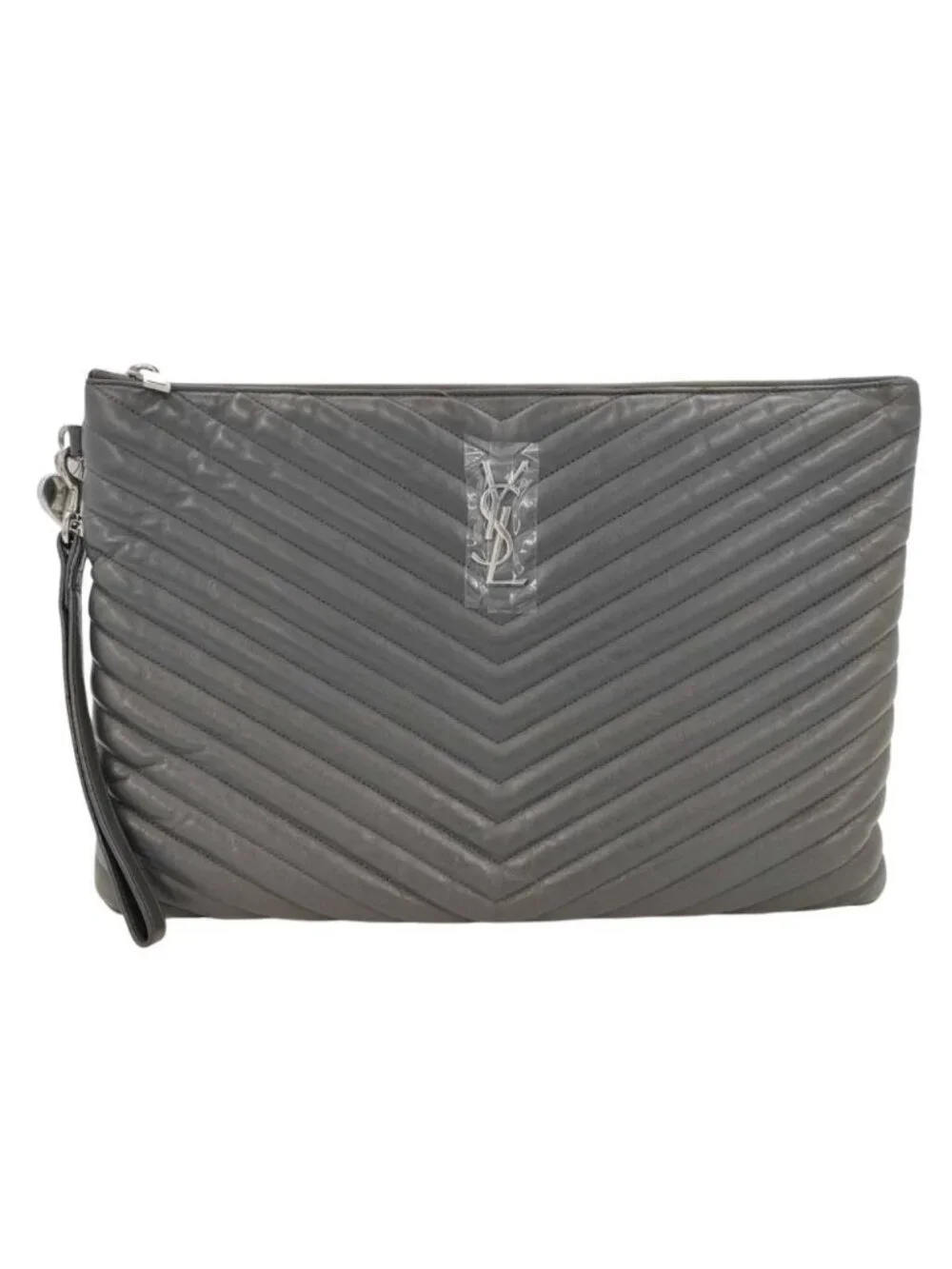 Saint Laurent Clutch Monogram Document Holder Gray Leather V-stitch YSL Silver